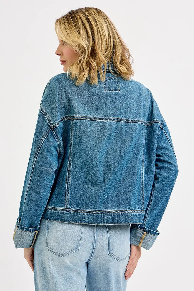 Oversized Blue Denim Jacket for Women | Vintage Wash Cotton Jean Jacket
