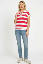 Red and white striped polo knit pullover, cap sleeves, ribbed knit hem
