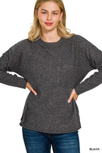 Zenana Ribbed Brushed Melange Hacci Sweater with Chest Pocket – Cozy & Stylish Knit