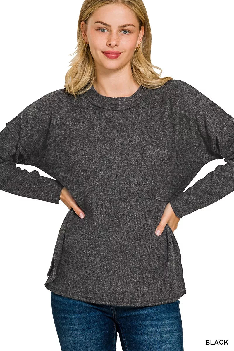 Zenana Ribbed Brushed Melange Hacci Sweater with Chest Pocket – Cozy & Stylish Knit