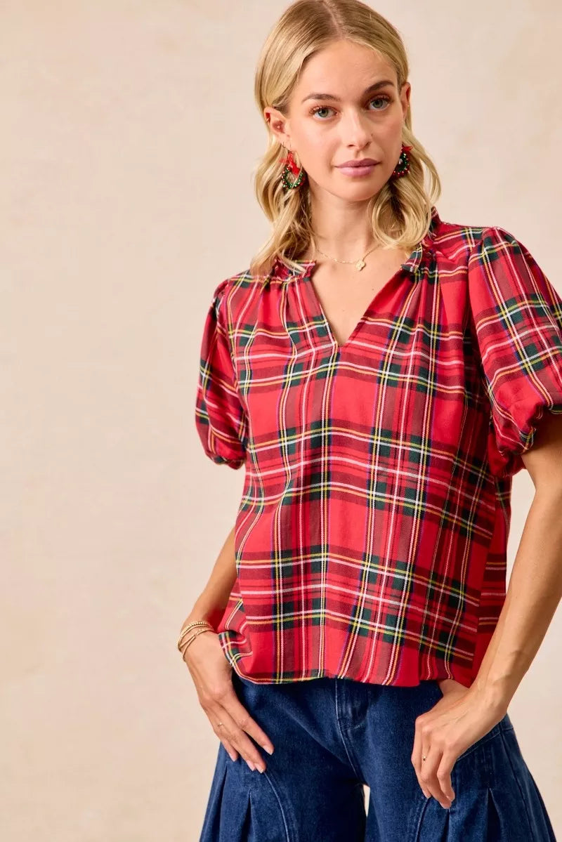BiBi Christmas Plaid Ruffled Blouse – Festive Short Sleeve Holiday Top