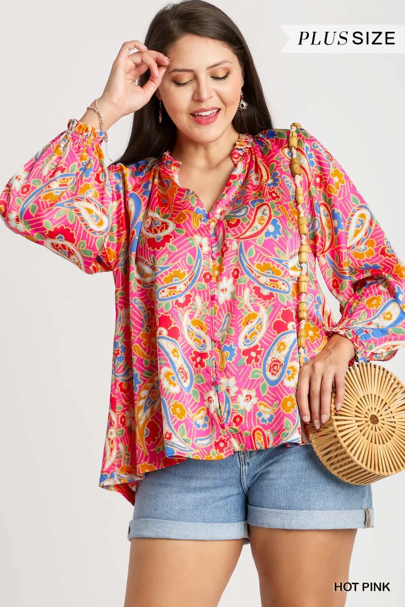 Satin Paisley Shirt – Vibrant Boho Ruffle Neck Blouse