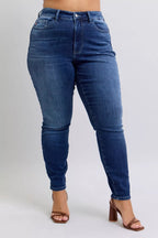 High-waist washed thermal skinny jeans in dark blue denim, tapered leg