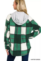 Women's plaid fleece shacket with drawstring hood, back view, long sleeves