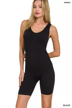 Black ribbed seamless sports romper with scoop neck and side biker shorts