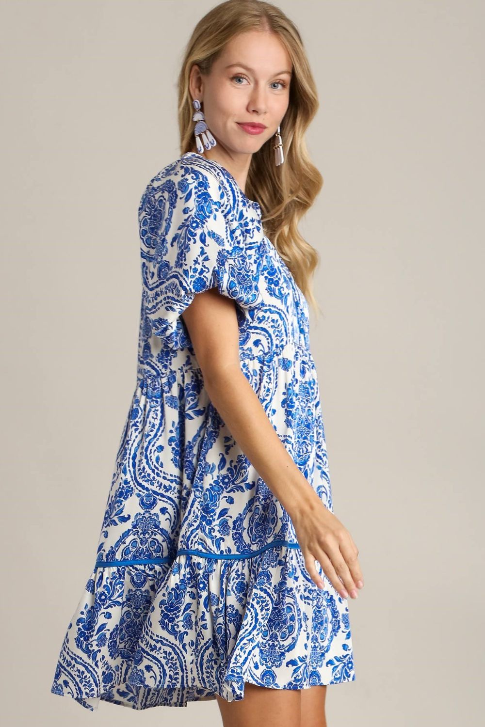 Umgee Printed Notched Puff Sleeve Mini Dress