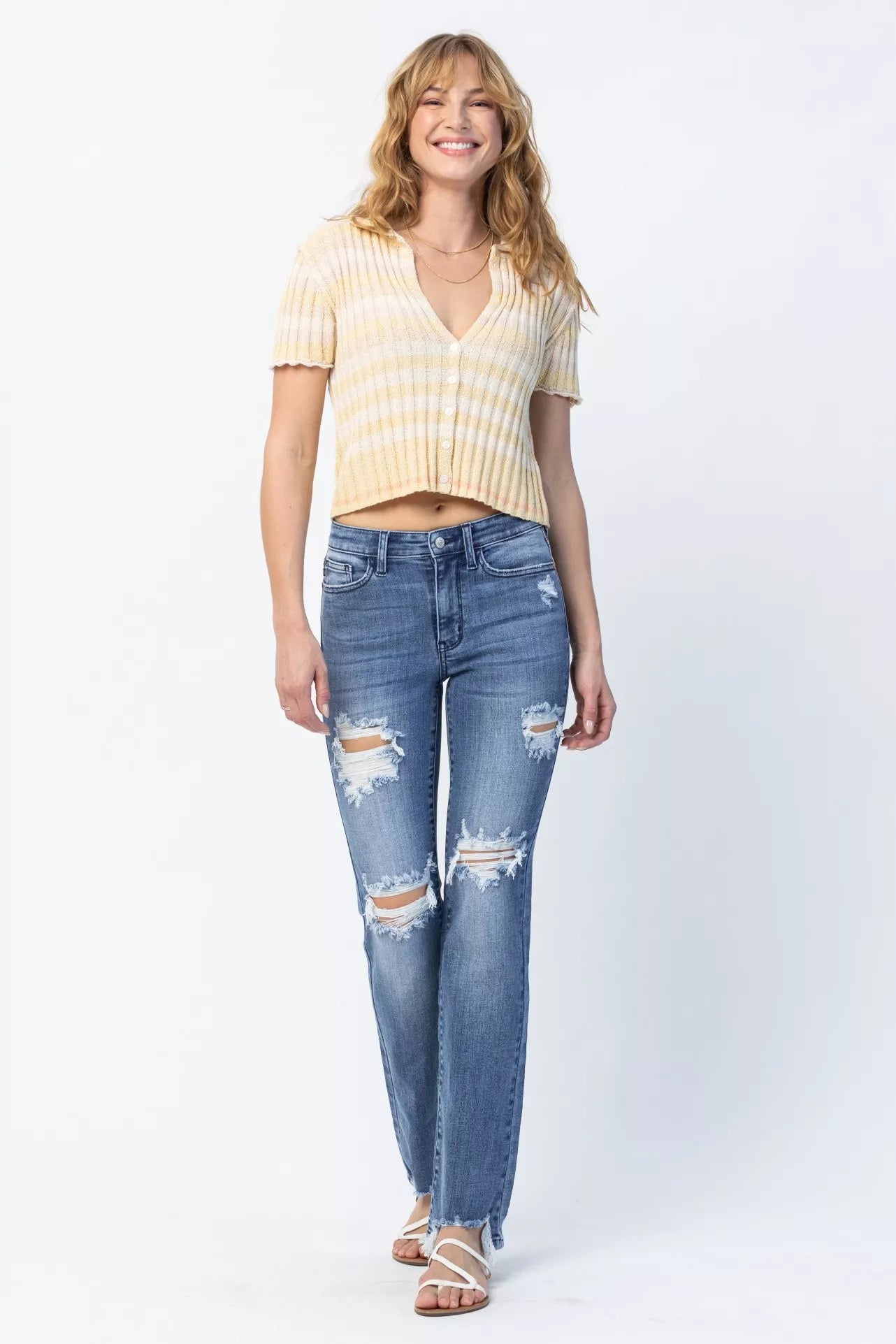 Judy Blue Mid Rise Destroy Straight Jeans – Trendy Distressed Style