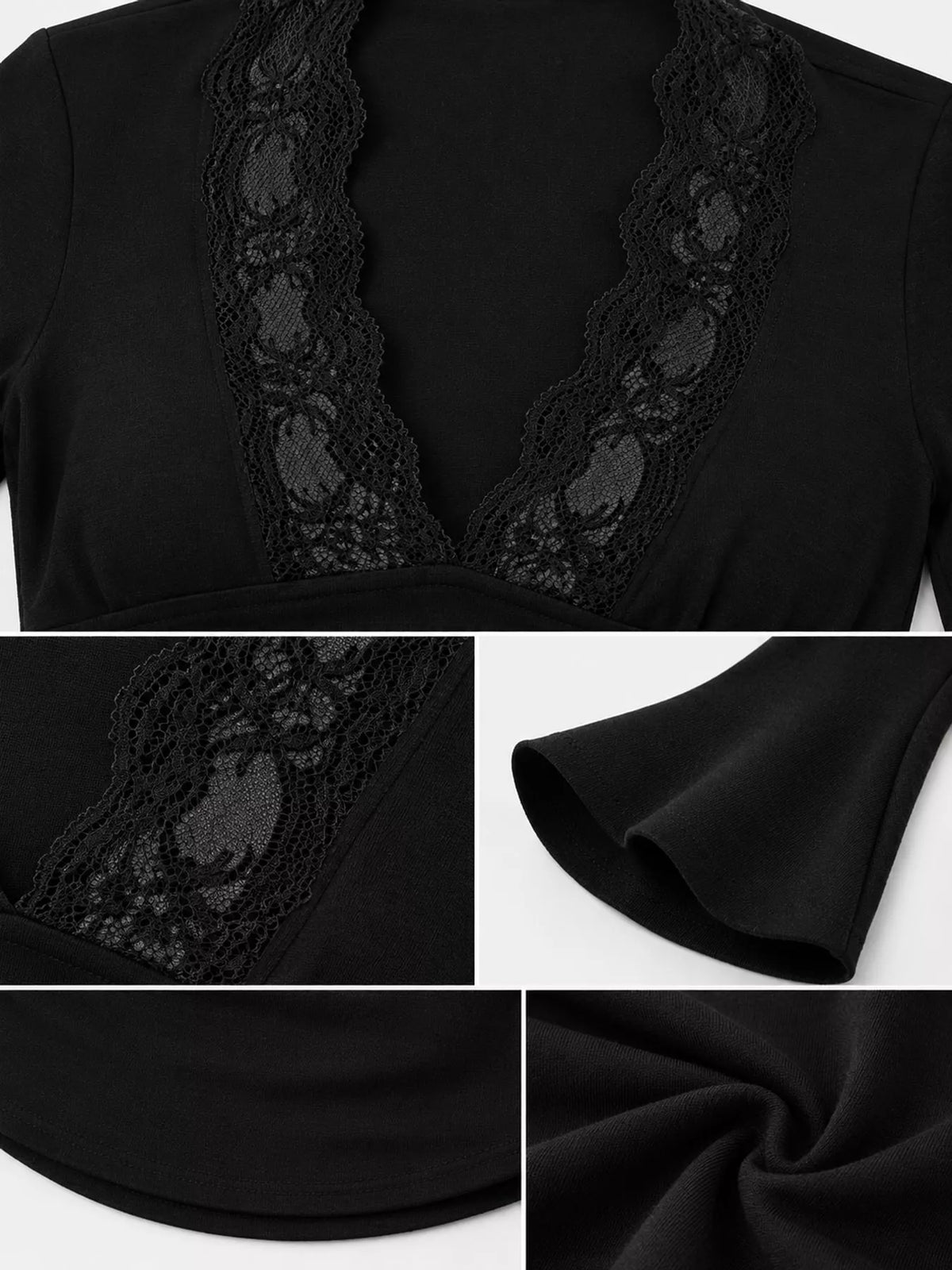 Black lace V-neck detailing, flared sleeve hem, and soft stretch jersey fabric.