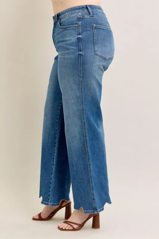 Judy Blue High Waist Tummy Control Wide Jeans – Chew Hem Destroyed