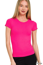 Hot pink crew neck tee with short sleeves and smooth seamless look