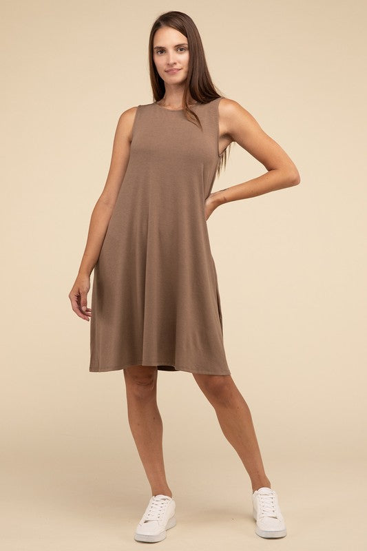 Zenana Sleeveless Flared Dress with Side Pockets