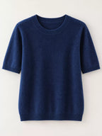 Navy round-neck short-sleeve pullover sweater with ribbed neckline and cuffs
