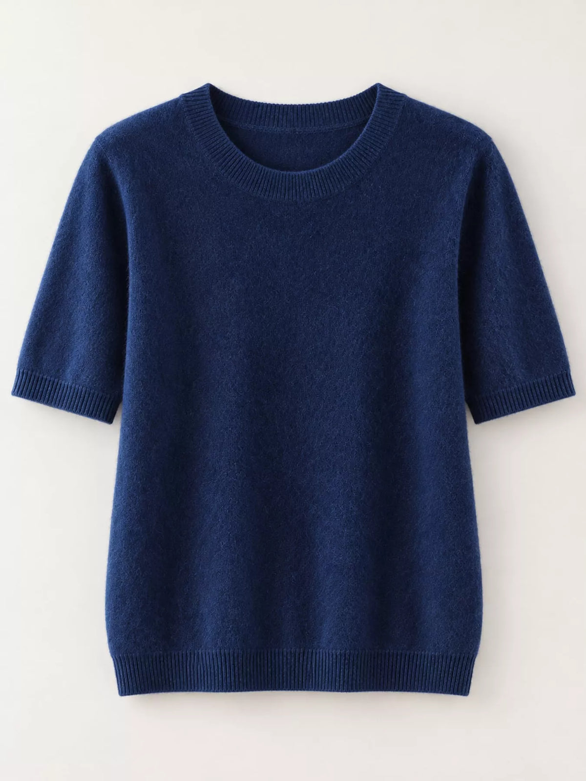 Navy round-neck short-sleeve pullover sweater with ribbed neckline and cuffs