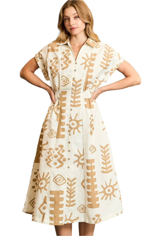Umgee Abstract Print Elastic Waist Midi Dress