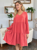 V-Neck Balloon Sleeve Tiered Dress – Flowy, Chic & With Pockets