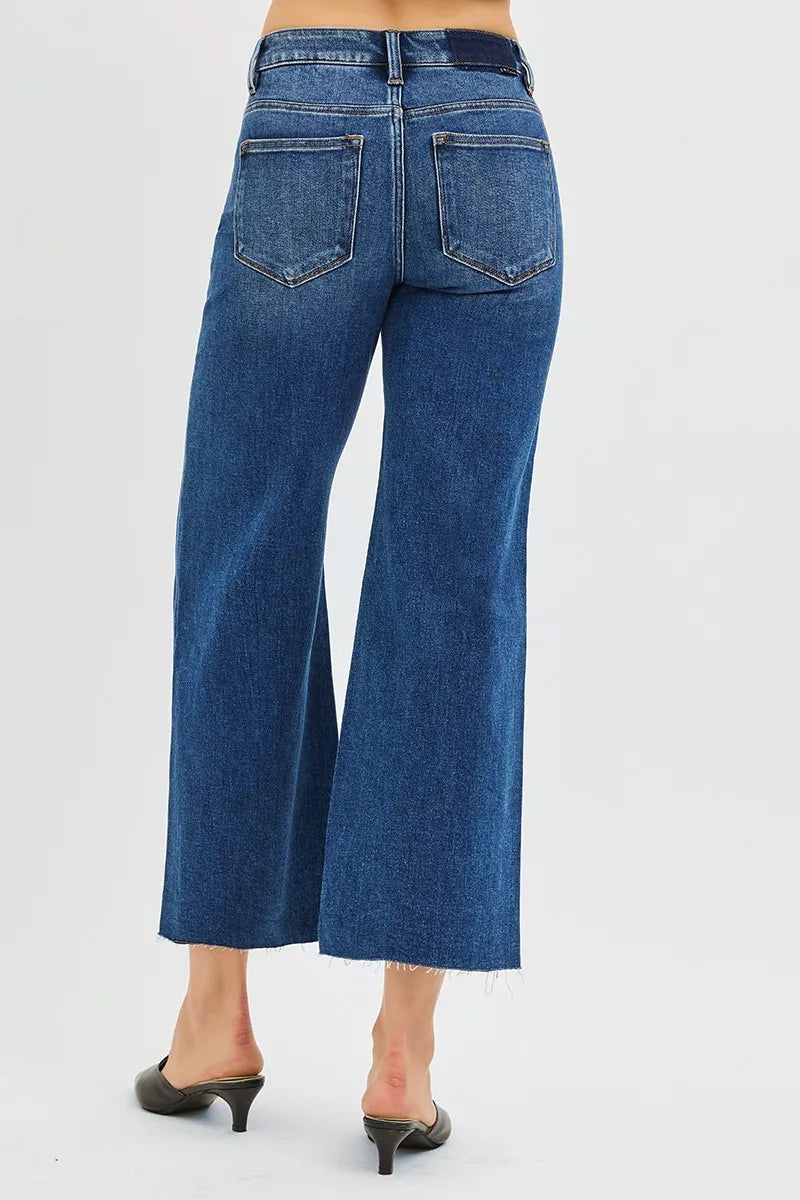 Mid Rise Crop Wide Leg Jeans with Raw Cut Hem | Casual Chic Denim