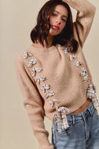 SO ME Checkered Plaid Lace Up Sweater – Trendy Ribbed Knit Style