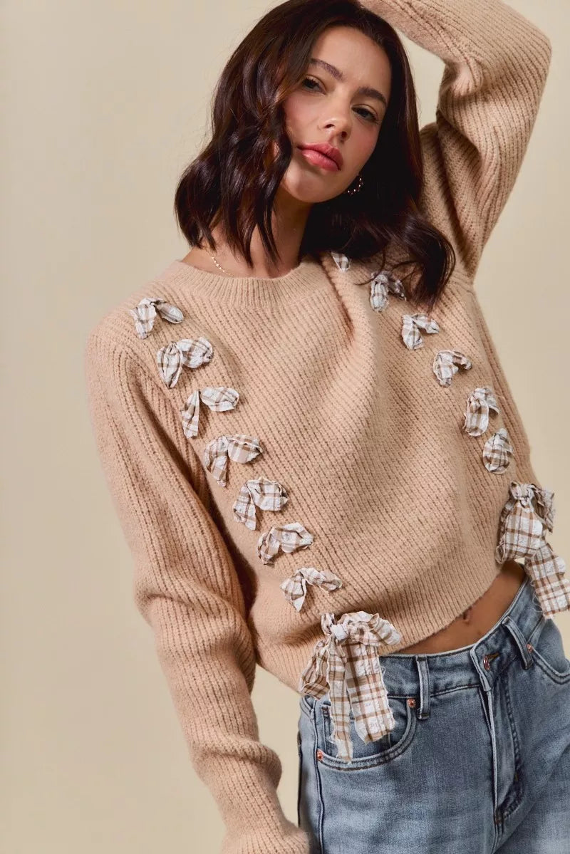 SO ME Checkered Plaid Lace Up Sweater – Trendy Ribbed Knit Style