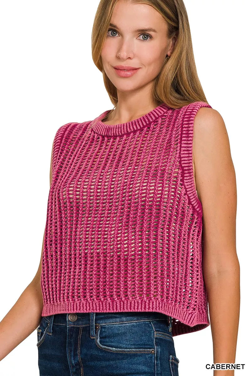 Zenana Acid Wash Fishnet Sweater Vest – Edgy Grunge Style