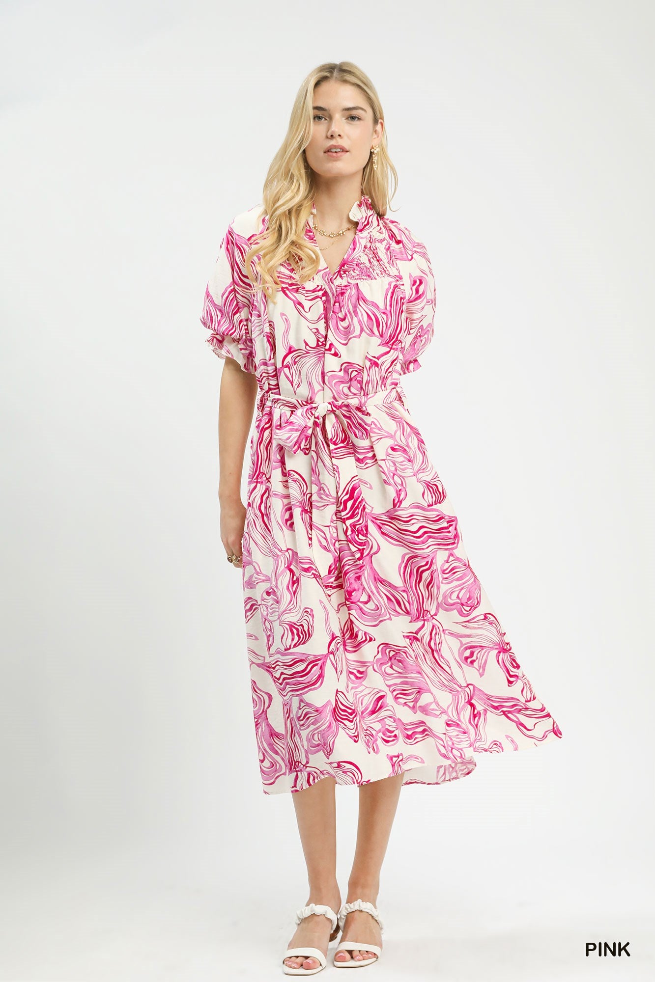 Pink abstract print midi dress with puff sleeves, tied waist, and ruffled tiered skirt