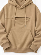Tan cat pouch drawstring hoodie with hood and front pouch detail