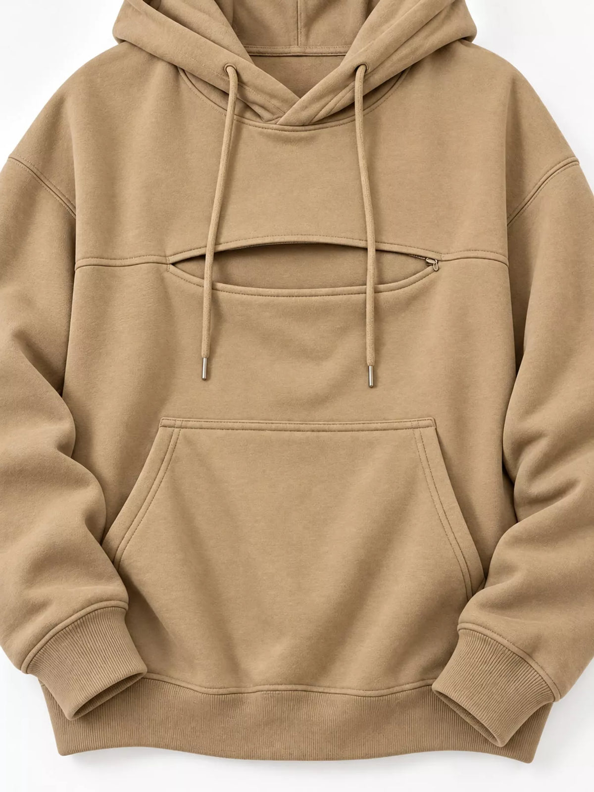 Tan cat pouch drawstring hoodie with hood and front pouch detail