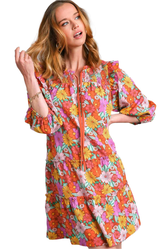 Umgee Ruffled Flower Print Tie Neck Tiered Dress