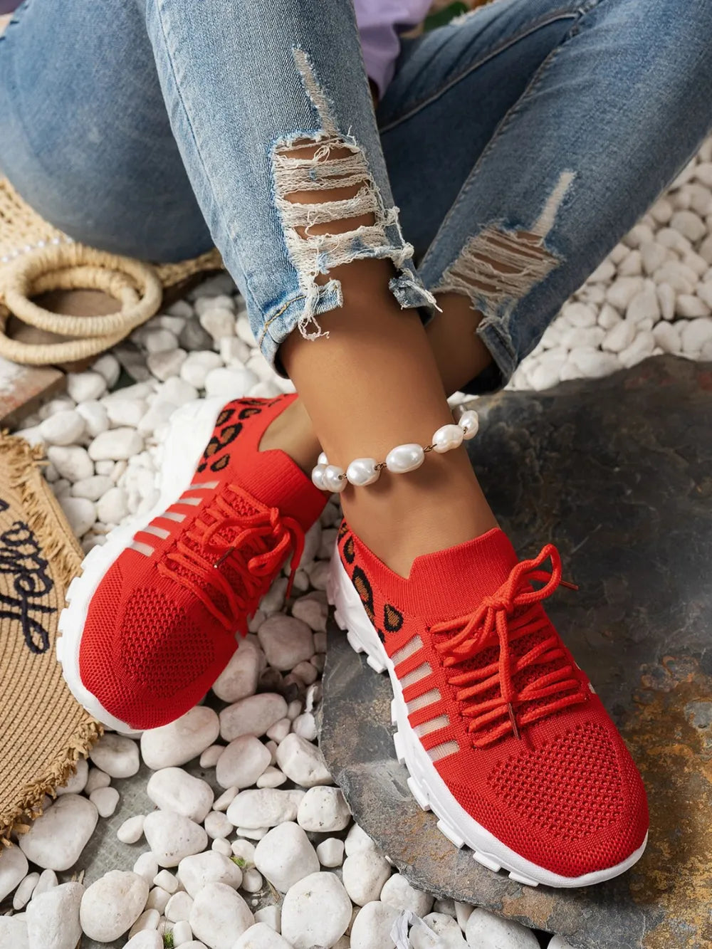 Cutout Leopard Lace-Up Mesh Athletic Sneakers – Sporty & Stylish