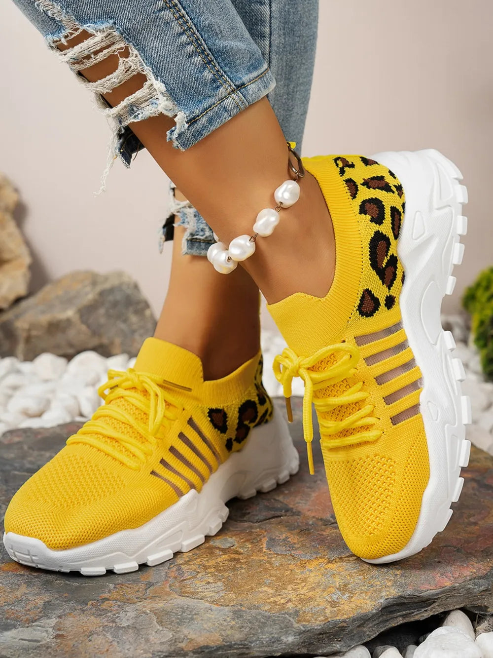 Cutout Leopard Lace-Up Mesh Athletic Sneakers – Sporty & Stylish