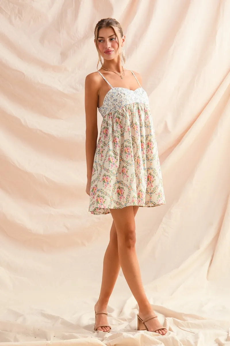 Romantic Floral Cami Dress with Lace Trim & Tiered Ruffle Skirt