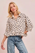 BiBi Polka Dot Peplum Top – Cute Front Button Feminine Chic Style