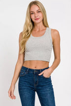 Grey ribbed scoop-neck cropped tank, sleeveless front view