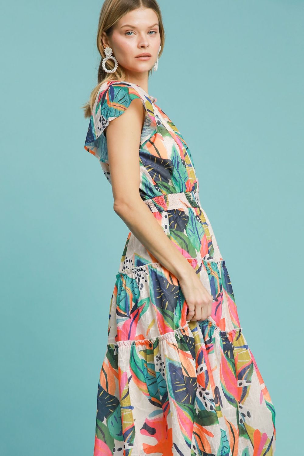 Umgee Leaf Print Cap Sleeve Tiered Midi Dress