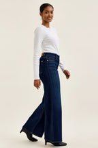 Dark wash wide-leg jeans front view with button fly and flared leg opening