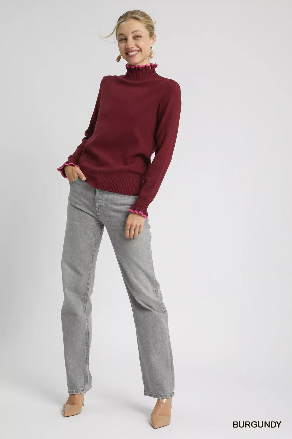 Ribbed Round Neck Sweater with Ruffle Trim – Feminine Winter Knit