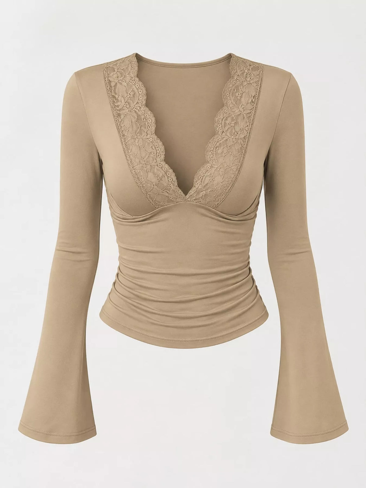 Khaki lace-trim V-neck long sleeve tee with scalloped lace cups and flared sleeves.
