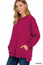 Zenana Fleece Hi-Low Boyfriend Sweatshirt – Cozy Style with Pockets