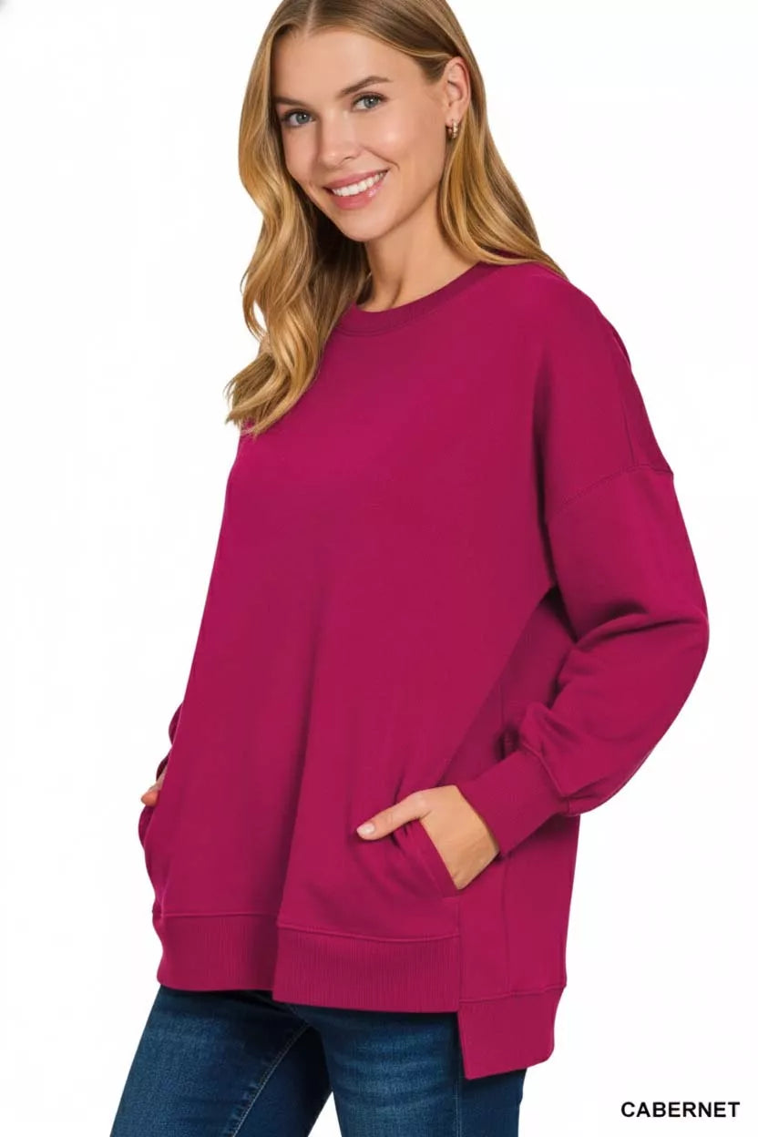 Zenana Fleece Hi-Low Boyfriend Sweatshirt – Cozy Style with Pockets