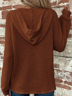 Waffle-knit button hoodie in caramel brown, pullover style with hood and front buttons