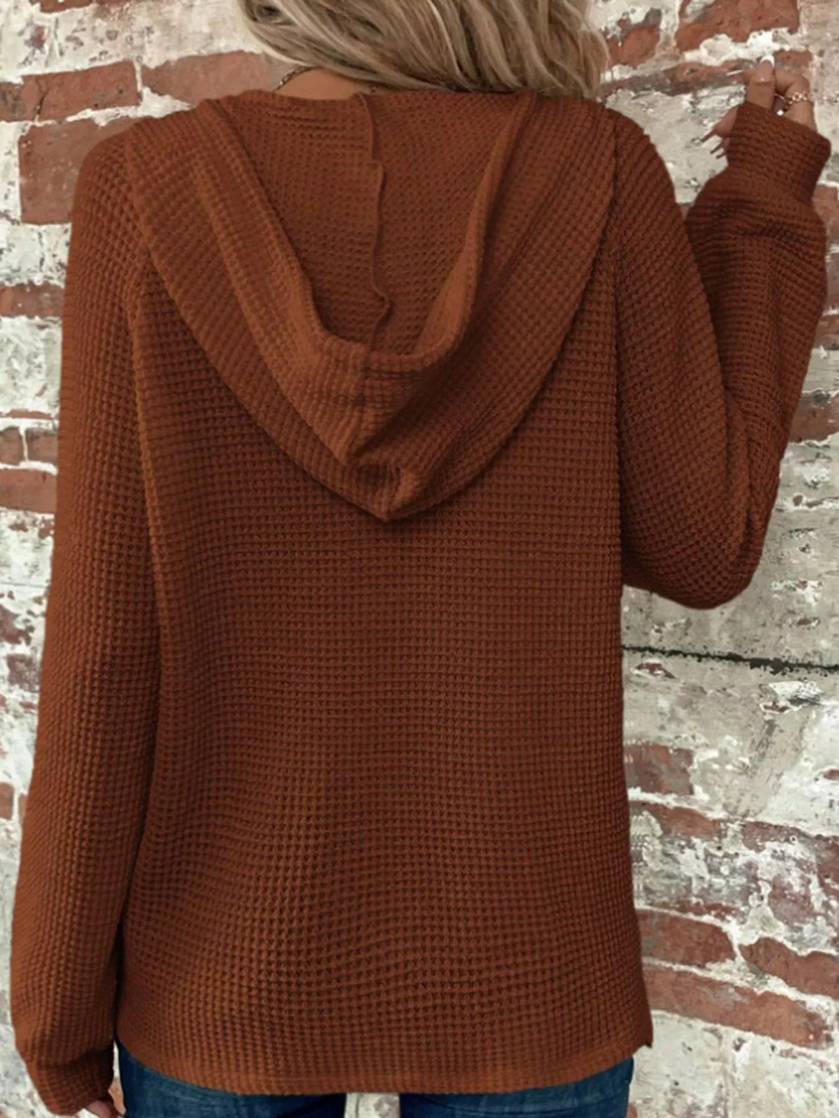 Waffle-knit button hoodie in caramel brown, pullover style with hood and front buttons