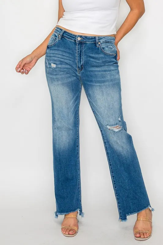 Raw Hem Mid Rise Straight Jeans – Distressed, Flattering & Timeless