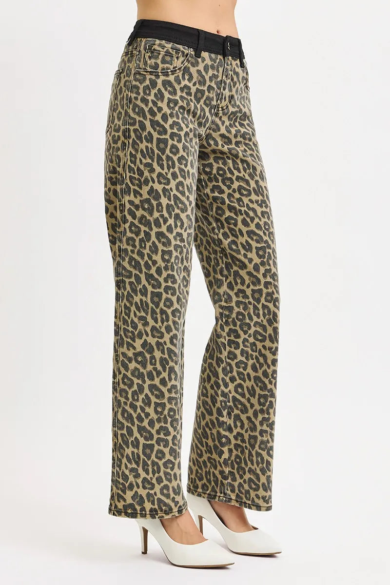 High Rise Wide Leg Leopard Print Jeans | Bold Contrast Waistband