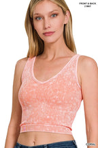 Women's coral 2-way neckline washed ribbed seamless tank top, front scoop