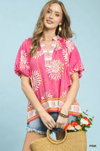 Pink floral smocked V-neck boho blouse with gathered puff sleeves