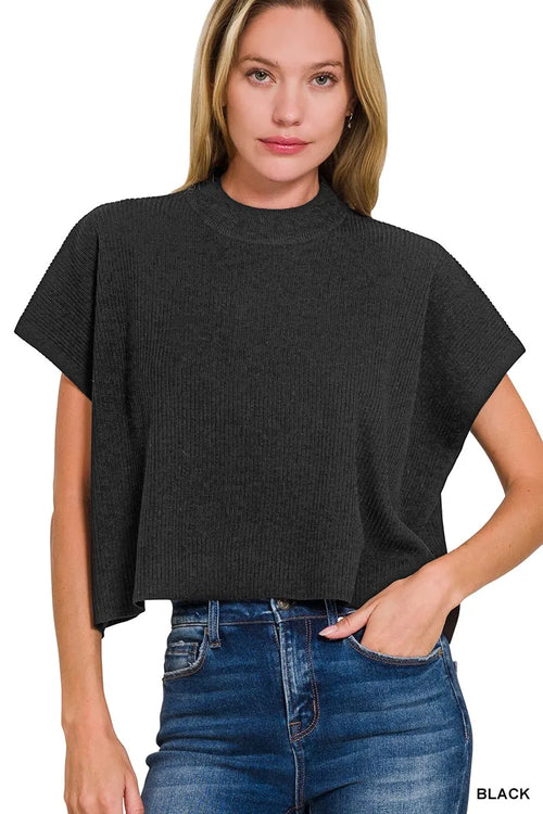 Ribbed mock neck crop sweater with short sleeves, dark charcoal/black knit