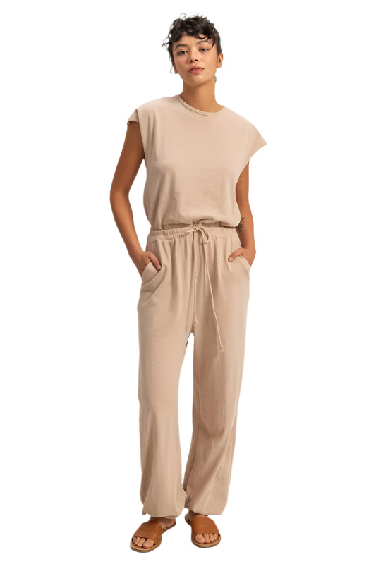 HYFVE Back Keyhole Round Neck Cap Sleeve Drawstring Jumpsuit