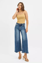 Dreamkue-Risen Women's High Rise Crop Wide Leg Jeans with Step Hem Trendy Distressed Denim Fit