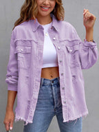 Distressed Drop Shoulder Denim Jacket – Casual Oversized Style