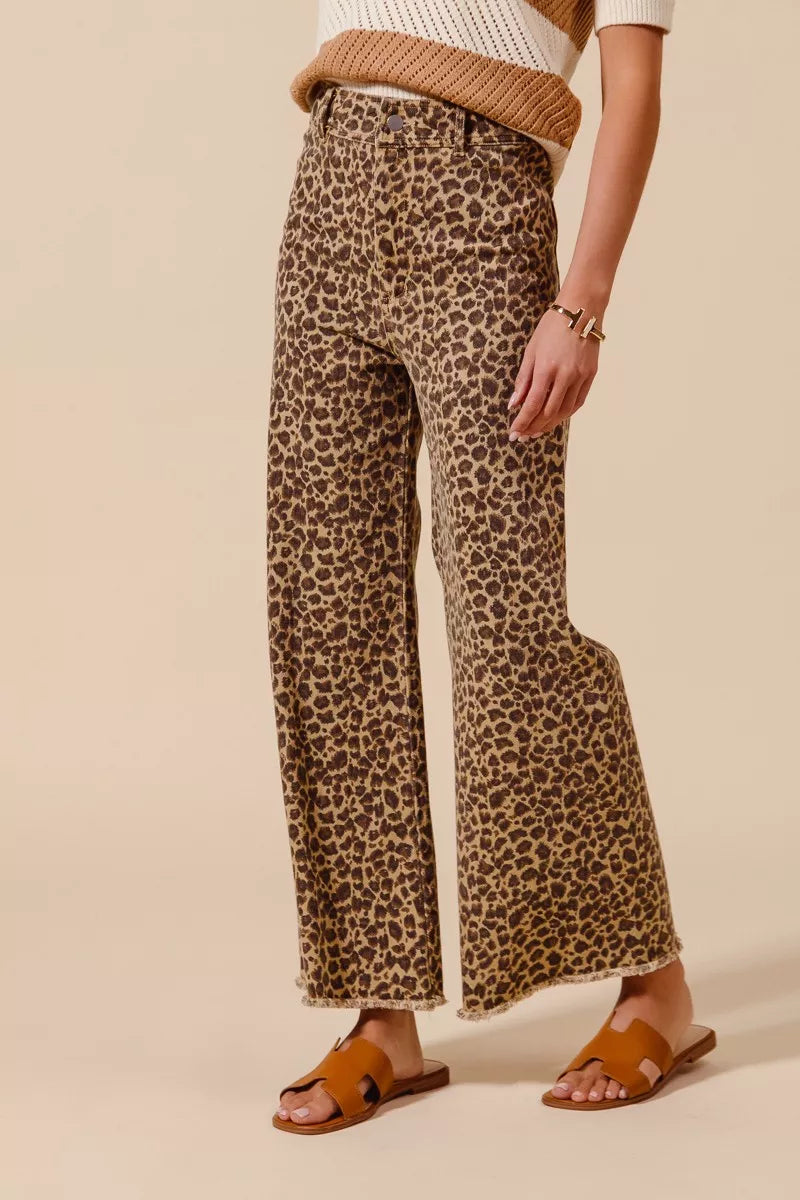 SO ME Leopard Twill Wide Leg Pants – Mid Rise with Frayed Hem Detail
