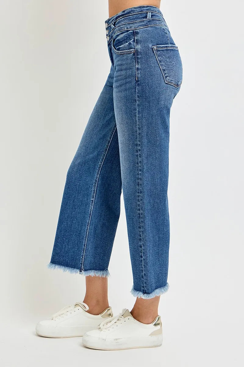 Dreamkue-Risen Women's High Rise Crop Wide Leg Jeans with Wide Waistband Detail Stretch Denim